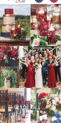 a collage of photos with red, white and blue wedding colors in the background