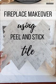 fireplace makeover using peel and stick tile with text overlay that reads, fireplace makeover using peel and stick tile