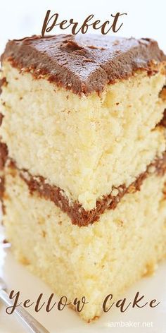 a close up of a piece of cake on a plate with the words perfect yellow cake