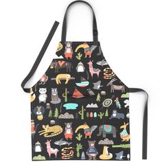 an apron that has animals on it and is black with white trimmings,