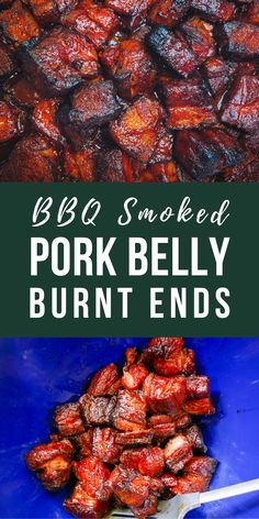 bbq smoked pork belly burnt ends on a blue plate with text overlay that reads bbq smoked pork belly burnt ends