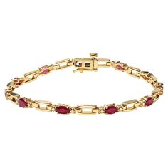 Behold the ultimate symbol of love and beauty in this exquisite oval Ruby and Diamond Bar Prong Set Bracelet. Dazzling with 11 natural heat-treated red rubies, each delicately crafted in a prong setting, this stunning piece of jewelry radiates elegance and sophistication. With 22 round natural diamonds, boasting an impressive total weight of 0.10 cttw, this 10K yellow gold bracelet sparkles and shines with every movement. The H-I color and SI1-SI2 clarity of the diamonds make them truly mesmerizing. This Ruby and Diamond Link Bracelet comes with a box clasp and is 7 inches in length, designed specifically for women who want to feel confident and beautiful. Whether for a special occasion or a gift for a loved one, this bracelet is sure to impress. Add a touch of class and luxury to your jew