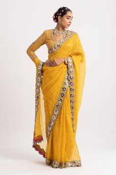 Shop for Vvani by Vani Vats Yellow Georgette Mirror Embroidered Saree With Blouse for Women Online at Aza Fashions Mirror Work Border, Vani Vats, Mirror Border, Hand Embroidered Blouse, Yellow Mirrors, Zipper Blouse, India Style, Purple Saree, Organza Blouse