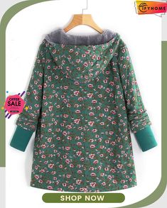 Floral Printed Hooded Long Sleeve Fleece Coat Green Winter Fleece Jacket, Cozy Cotton Fleece Jacket For Winter, Winter Cotton Fleece Jacket With Drawstring Hood, Cotton Long Sleeve Fleece Jacket For Spring, Hooded Green Fleece Jacket, Warm Cotton Hooded Jacket For Fall, Green Fleece Jacket For Winter, Cotton Fleece Jacket With Adjustable Hood, Hooded Green Fleece Jacket With Fleece Lining