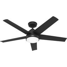 a black ceiling fan with a light on it's side and two blades in the middle