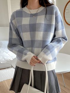 DAZY Gingham Pattern Drop Shoulder Oversized Sweater | SHEIN USA Oversize Outfits, Korean Clothing Brands, Striped Sweater Outfit, Aesthetic Sweaters, Autumn School Outfit, Oversized Sweater Women, Pull Oversize, Modest Fits, Fall Outfits For Work