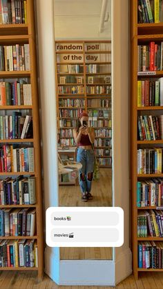 the reflection of a person taking a selfie in front of a bookshelf