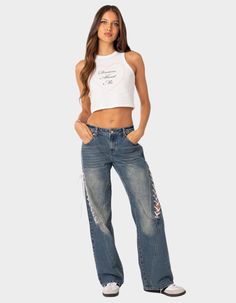 Nothing Says Effortlessly Chic Like These Ribbon Lace Up Jeans. Pair Them With A Basic Tee, Or A Cute Party Top, And You'll See Why These Jeans Are A Staple In Every It Girl's Closet. Jeans. Low Rise Waist. Straight Fit. Ribbon Lace Up Detailing. 100% Cotton. Model Wears Size S. Model Height Is 5'7. Item Care: Machine Wash At Maximum Of 30ºc, Do Not Bleach, Tumble Dry Low, Iron At A Maximum Of 110ºc, Do Not Dry Clean. | Edikted Low Rise Ribbon Lace Up Jeans Ribbon Jeans, Lace Up Jeans, Flannel Sweatshirt, Dream About Me, Mini Bow, Indian Photoshoot, Heart Graphic, Open Knit Sweater, Party Tops