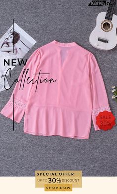 Lace Ruffed 3/4 Sleeve V Neck Shirt Fitted V-neck Lace Top With Ruffles, V-neck Tops With Ruffle Hem For Daywear, Casual V-neck Blouse With Ruffle Hem, Pink V-neck Top With Ruffles, Pink Ruffled V-neck Blouse, V Neck Shirt, Lace Design, Shoulder Length, Neck Shirt