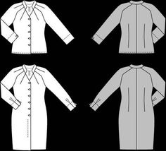 four different types of coats with buttons on the front, back and side views are shown