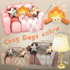 an advertisement for cozy days extra with teddy bears on the couch and other stuffed animals