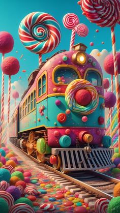 a train with candy canes and lollipops around it