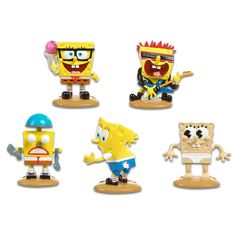 five toy figurines with different designs on them