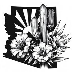 a black and white drawing of a cactus with flowers