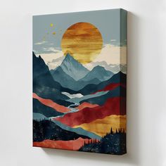 a painting on the wall with mountains and stars in the sky at sunset or sunrise