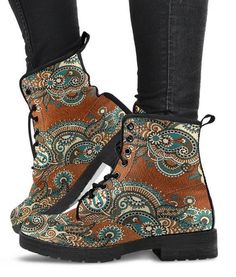 Title:   Brown Paisley Boots Madala Womens Fashion Vegan Leather Combat Customized Gifts Mom Her Friend  Custom Casual Bohemian Cowgirl Description: All of our Women's Leather Boots are custom-made-to-order and handcrafted to the highest quality standards.*Features vegan-friendly leather with a double-sided print and rounded toe construction.*Lace-up closure for a snug fit.*Soft textile lining with sturdy construction for maximum comfort.*High-quality rubber outsole for traction and exceptional Paisley Mandala, Bohemian Cowgirl, Handcrafted Boots, Brown Paisley, Gifts Mom, Leather Boots Women, Classic Boots, Boot Shoes Women, Fashion Boots