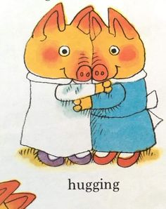 two pigs hugging each other in front of the caption for hug me, hug you