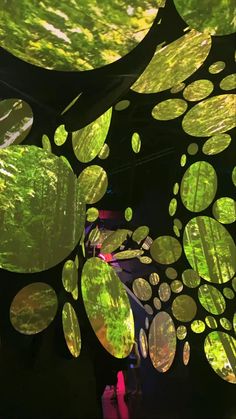 the ceiling is covered with green and yellow lights in an art installation that looks like leaves