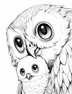 an owl and its baby are shown in this black and white drawing