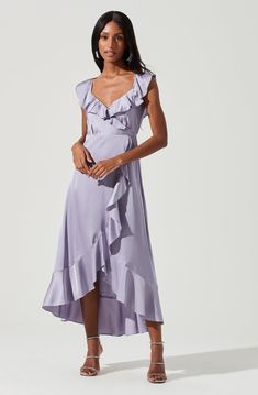 Purple V-Neck Dress - This dress is surely one of the more fashion forward options for your wardrobe. It has a V-neck that adds to its style. Cute Bridesmaid Dresses, Summer Wrap Dress, Open Back Midi Dress, Wrap Midi Skirt, Satin Wrap Dress, Asymmetrical Midi Dress, Bridal Wrap, Wedding Attire Guest, Astr The Label