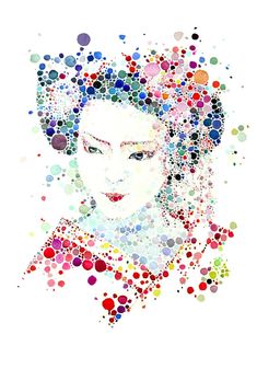 a woman's face is made up of many different colored circles and dots on white paper