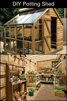 a small wooden shed with lots of potting plants in it and the words diy potting shed written below