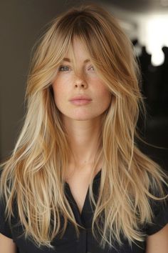 Blond Balayage With Bangs, Drape Bangs Long Hair, Curtain Bangs Side Part Haircuts, Strawberry Blonde Hair Bangs, Long Hair Fringe Bangs, 70s Long Hairstyles, 70s Fringe Hair Long, Long Bangs Straight Hair, 70s Bangs Fringes