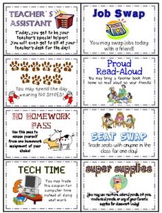 the teacher's job swap cards are all written in different font and colors, with pictures