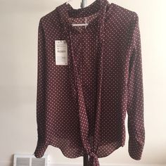 Burgundy Polka Dot Blouse With Neck Tie. Never Worn. Casual Burgundy Blouse For Work, Zara Long Sleeve Polka Dot Top, Zara Polka Dot Long Sleeve Blouse, Zara Long Sleeve Polka Dot Blouse, Zara Chic Polka Dot Blouse, Chic Polka Dot Blouse By Zara, Chic Zara Polka Dot Blouse, Burgundy Tie, Tie Blouse