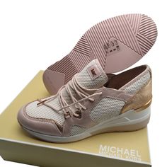 Style# 43s8scfs3d Color: Soft Pink 62% Nylon/33% Spandex/5% Thermoplastic Polyurethane Sole: Rubber Round Toe Lace-Up Fastening Heel Height: 2.5" Heel Type: Wrapped Brand New With Box 100% Authentic Give Casual Looks A Sporty Touch With Our Scout Sneakers, Designed To Be As Comfortable As They Are Modern. Leather, Mesh And Metallic Accents Combine To Textural Effect, While A Supportive Sole Makes Them Ideal For All-Day Wear. Gold Shoes Heels, City Sneakers, Michael Kors Sneakers, Silver Sneakers, Gold Heels, Sneaker Brands, Heel Type, Michael Kors Shoes, Metallic Accents