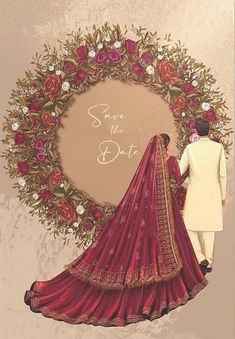 a man and woman standing next to each other in front of a floral wreath with the words save the date written on it