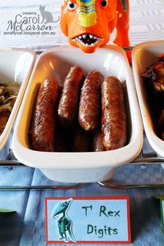 there are many different types of sausages in the dishes on this table, along with other food items