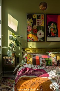 a bedroom with green walls and paintings on the wall above the bed, along with an area rug