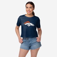 Denver Broncos Womens Alternate Team Color Crop Top FOCO S - FOCO.com Casual Moisture-wicking Crop Top For Sports, Casual Sports Crop Top With Letter Print, Casual Sports Crop Top, Casual Graphic Print Crop Top For Sports, Sporty Crop Top For Sports Events, Abs At The Gym, Gym Abs, Colorful Crop Tops, Logo Display