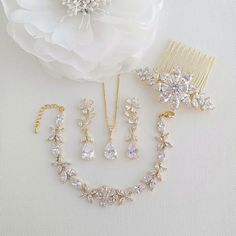 Gold Bridal Jewelry Set Earrings Necklace Bracelet Hair Comb-Daisy - PoetryDesigns Gold Flower Bracelet, Rose Gold Jewelry Set, Gold Bridal Hair Comb, Floral Design Wedding, Rose Gold Wedding Jewelry, Beautiful Bridal Jewelry, Comb Set, Wedding Day Jewelry, Wedding Jewelry Set