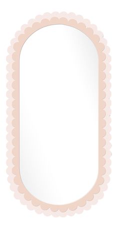 an oval shaped mirror with scalloped edges on a white background and pink trim around the edge