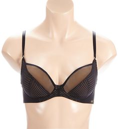 Striping on the cups and sheer upper panels make this bra as chic as it is sensuous. Multipart underwire cup has a sheer stripe pattern overlay with contrast colored fine mesh lining. Sheer mesh at plunge neckline has elastic binding across the top to maintain fit. Soft sewn-on elastic underband beneath bust gives a supportive fit. Center - arched panel has a box bow sewn at top. Fine mesh sides and back have sewn-on elastic at upper and lower edges. Wide-set straps of restricted stretch elastic Elegant Mesh Bra With Padded Cups, Elegant Sheer Low-cut Bra, Elegant Low-cut Sheer Bra, Sheer Underwire Evening Bra, Sheer Underwire Bra For Evening, Sheer Evening Bra With Underwire, Pattern Overlay, Fine Mesh, Plunge Neckline