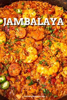 the words jambalaya are in front of a skillet filled with shrimp and vegetables