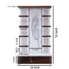 the height of a wooden shelf with an etched design on it