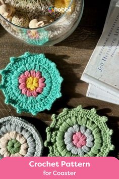 crochet pattern for coasters with text overlay