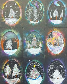 six different pictures of christmas trees in the night sky with stars and snow on them