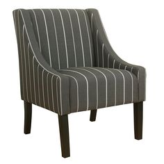 Benzara Fabric Upholstered Wooden Accent Chair with Stripe Pattern and Swooping Armrests Striped Modern Accent Chairs, Wooden Accent Chair, Cream Chair, Contemporary Accent Chair, Cozy Seats, Buffalo Plaid Pattern, Honey Oak, Grey Armchair, Accent Arm Chairs