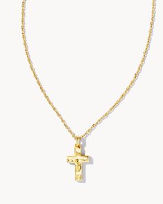 Make it personal with a symbol of what matters to you most. The Cross Pendant Necklace in Gold is a meaningful addition to your everyday collection. Metal 14k Yellow Gold Over Brass Size 19" chain, 0.66"L x 0.38"W pendant Closure Lobster clasp Please note: Due to the one-of-a-kind nature of the medium, exact colors and patterns may vary slightly from the image shown. | Kendra Scott Cross Pendant Necklace in Gold | Metal Gold Cross Necklace, Gold Cross, Cross Pendant Necklace