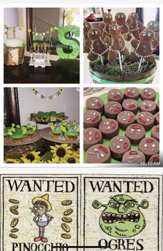 a collage of pictures with cookies and cupcakes on them, including an image of a green monster