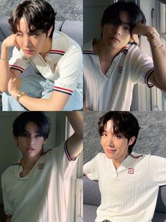 four pictures of the same person in different poses, one with his hands on his head