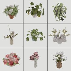 nine vases with different types of flowers and greenery in them on a white background