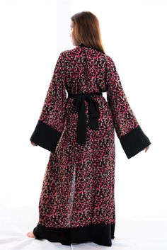 long kimono robe for tall women Chic Long Printed Kimono, Black Wrap Kimono For Vacation, Black Open Front Robe For Loungewear, Black Wrap Kimono For Spring, Black Floral Print Wrap Kimono, Black Long Sleeve Kimono With Floral Print, Black Open Front Kimono For Spring, Black Long Sleeve Kimono For Beach, Chic Black Kimono For Beach