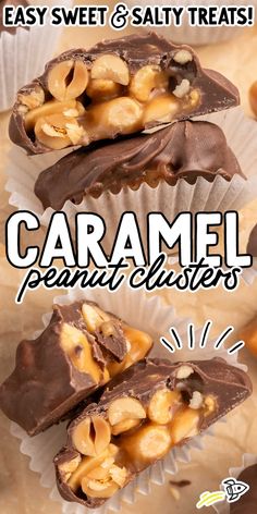 caramel peanut clusters are stacked on top of each other with the words easy sweet & salty treats