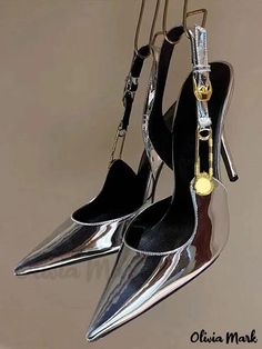 Olivia Mark - Womens Silver High Heel Pumps with Pointed Toe and Elegant Chain Detail - Stylish Slingback Pumps Silver High Heel, Black Wedding Shoes, Traditional Chic, Lace High Heels, Wedding Shoes Lace, Silver High Heels, Elegant High Heels, Silver Pumps, Womens Chunky Heels