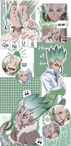 an anime character with green hair and white hair is surrounded by other characters in the background